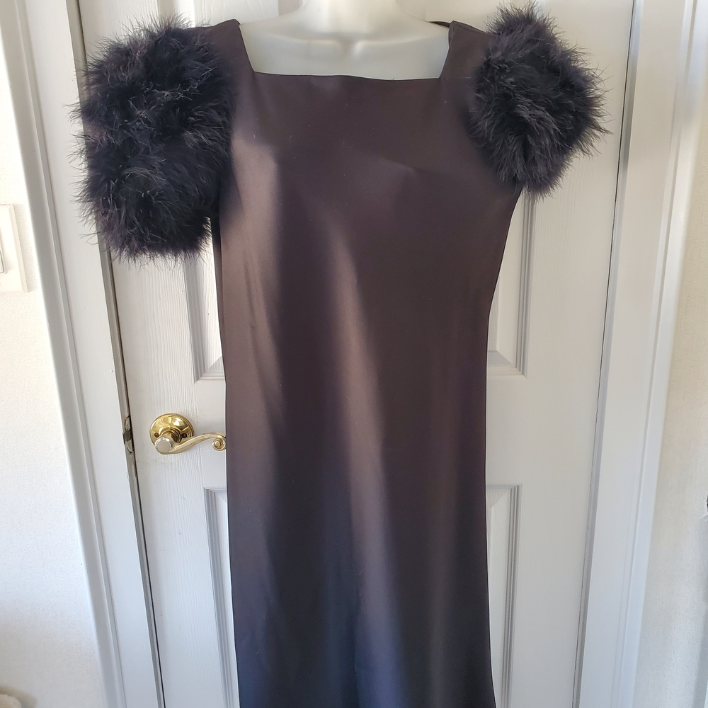 Black Midi Dress with Feather Puff Sleeves